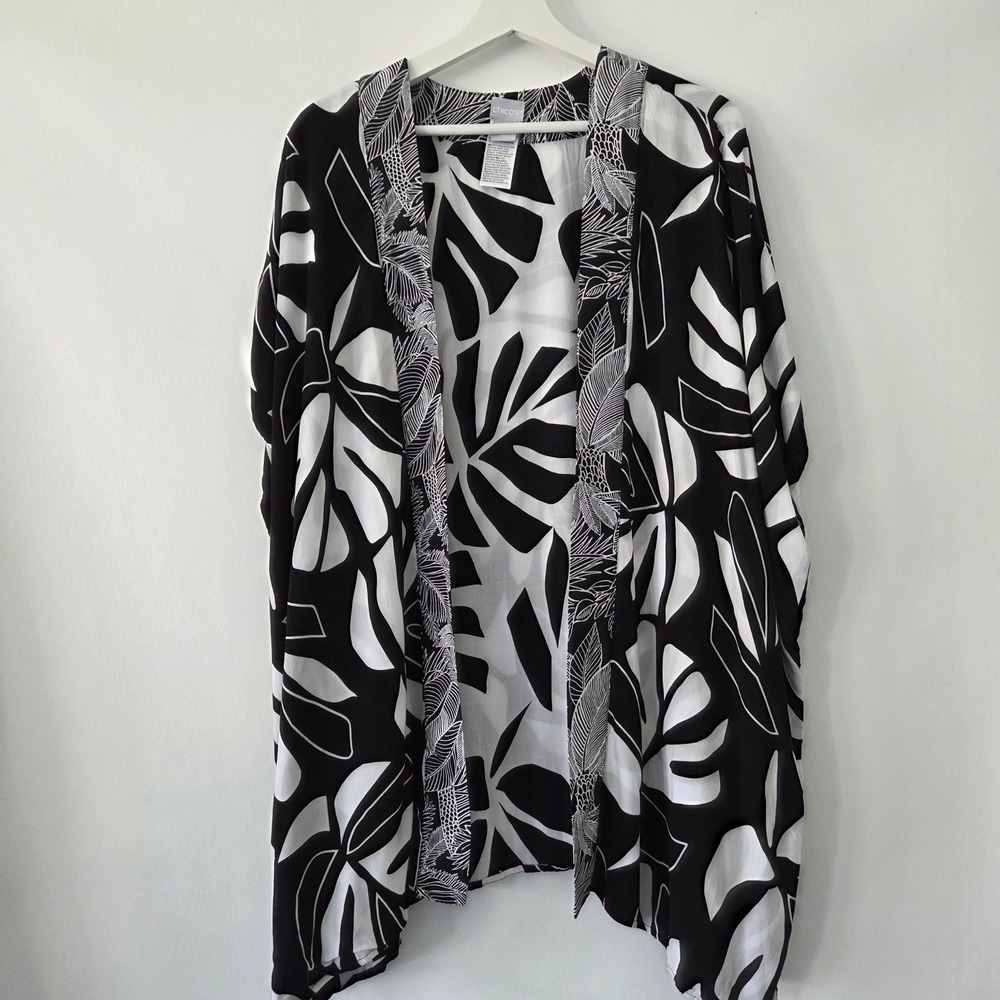 Chicos Reversible Tropical Monstera‎ Leaf Kimono Wrap Black White Rayon L/X